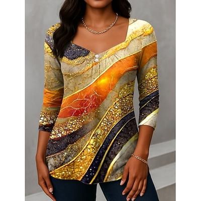 Per donna Maglietta Bottoni Stampato Ombre Grafico Vintage Moda Elegante Manica Lunga Scollo a V Collo asimmetrico Top Regolari Quotidiano Weekend Abbigliamento da vacanza Blu Giallo Viola Verde