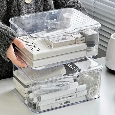 Acrylic Clear Storage Organizer Box - Clamshell Design for Home, Office Essentials with Multi-Purpose Stationery Organizers