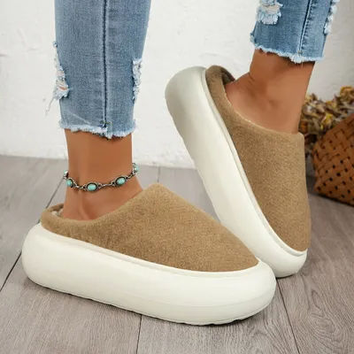 Femmes hiver couleur unie décontracté confortable anti-dérapant chaud en peluche pantoufles couverture orteil sans lacet maison pantoufles