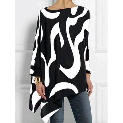 Per donna Maglietta Stampato Asimmetrico Grafico Geometrico Astratto Vintage Elegante Casual Manica Lunga Girocollo Top lunghi Quotidiano Nero Bianco Giallo Rosso Primavera Autunno
