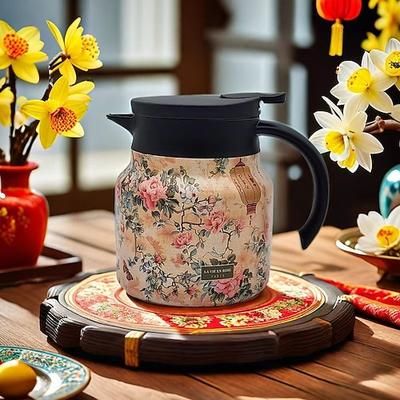 Thermos da tè con motivo floreale vintage, teiera isolata in acciaio inossidabile 316, grande capacità, bollitore per acqua calda con separazione del tè, design semplice per uso domestico, bollitore termico