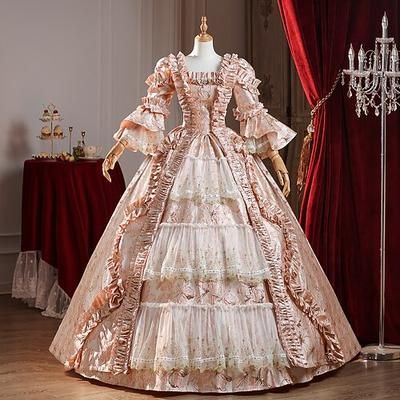 Vintage Rococò Rinascimento Maxi Vestito Normale A sbuffo Principessa Sposa Pieghettato Con Volant Principessa Girocollo Costume Per donna Halloween Carnevale Mascherata Feste Halloween Performance