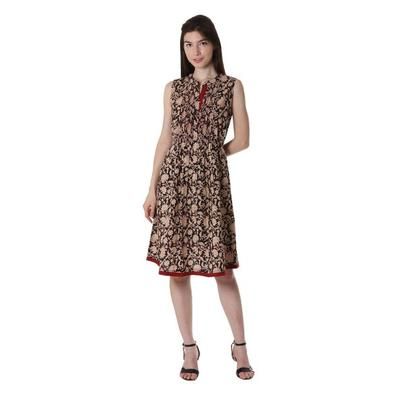 Ivory Garden,'Floral Printed Cotton A-Line Dress in Ivory and Black'