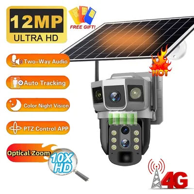 12MP 4G Solar Camera Optical 3 Screens CCTV PIR Human Detection Two-way Audio Monitor Security Protection Cam Built-in Battery