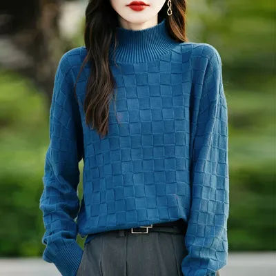 Pull à col mi-haut 100% coton pour femme, chemise à motif carré, mode tout haut, automne et hiver, nouveau