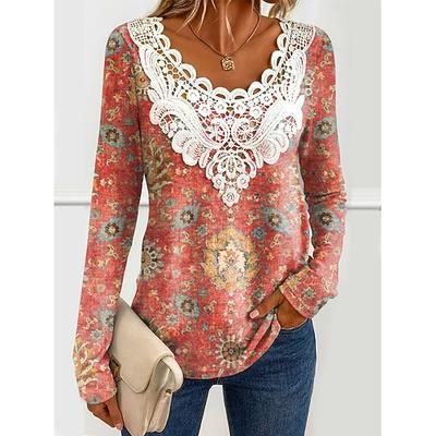 Blusa da donna tunica pizzo splicing scollo a V manica lunga grafica paisley piante scollo rotondo top regolari stampa quotidiana per uscite weekend pizzo patchwork nero primavera autunno prefestivo