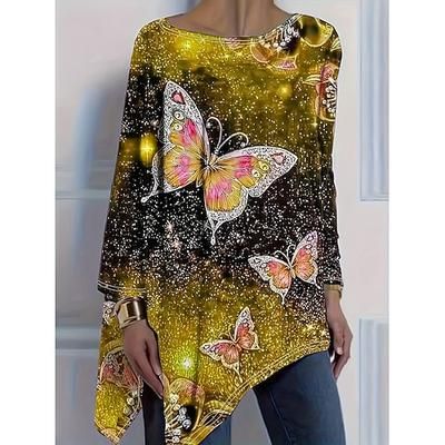 Per donna Maglietta Stampato Asimmetrico Grafico Geometrico Farfalla Vintage Elegante Casual Manica Lunga Girocollo Top lunghi Quotidiano Giallo Viola Verde Primavera Autunno