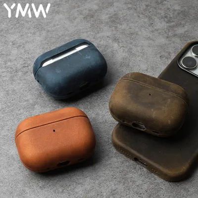 YMW Crazy Horse Genuine Leather Case for AirPods Pro 3 2 Luxury Cowhide Cases Wireless Bluetooth Headset Cover