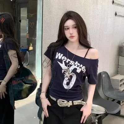 T-shirt blanc à manches courtes et épaules dénudées pour femme, coupe cintrée, imprimé, polyvalent, nouveau haut, tendance, été