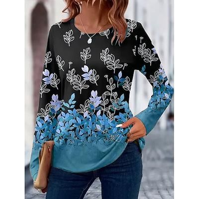 Per donna Maglietta Floreale Grafico Piante Vintage Elegante Classico Manica Lunga Girocollo Top Regolari Quotidiano Stampato Blu Viola Verde Cachi Primavera Autunno Inverno