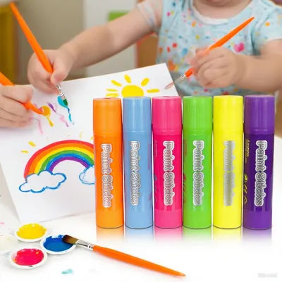 6 Neon Color Tempera Paint Sticks, No Mess, Quick Drying, Washable Kids Paint, Oil-Based Pastels, Non-Toxic for Toddlers