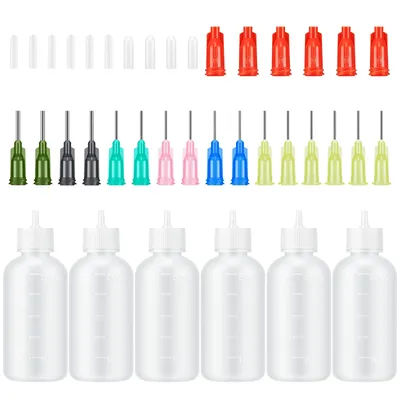 6pcs 50ml Glue Applicator Bottles Squeezable Plastic Liquid Bottle with Blunt Needle Tip 14G 20G for Crafts DIY and Repairs