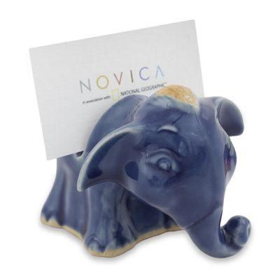 Celadon ceramic business card holder, 'Joyful Blue Elephant'