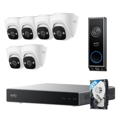 eufy PoE NVR CCTV Security System E41 (6 PoE Cam E41 Kit) + Video Doorbell E340 (Wi-Fi Connection) + 2 TB HDD