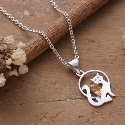 Feline Poise,'Whimsical Silver Cat Pendant Necklace with Citrine Gemstone'