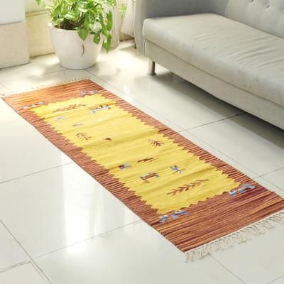 'Folk Art-Inspired 2x6 100% Cotton Fringed Dhurrie Runner Rug'
