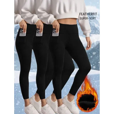3 Pack Womens Thermal Fleece Lined High Waisted with pockets Leggings, Workout Winter Warm Thick Tights Soft Yoga Running Pants