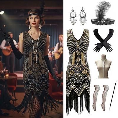 Anni Ruggenti Anni 1920 Lunghezza al ginocchio Vestito Abito Flapper Costume di fantasia Taglie Forti Senza maniche Il grande Gatsby Charleston Paillettes Frangia con nappe Piuma Scollo a V Costume