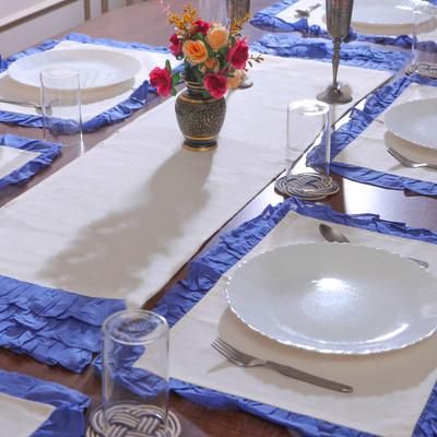 Blue Classic Elegance,'Ruffled Cotton Table Runner and Placemat Set (7 Pieces)'