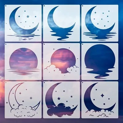 9-Piece Moon Template Set, Notebook Diary Scrapbook Drawing Template Reusable Template for Hand Account Paint DIY Spray Paint