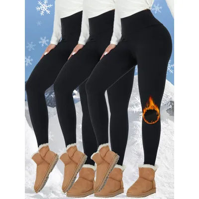 3 Pack Womens Thermal Fleece Lined High Waisted Leggings. Workout Winter Warm Thick Tights Soft Yoga Pants