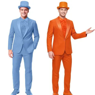 Harry Lloyd Dunne Cosplay Costume Dumb and Dumber Blue Orange Tuxedo Suit with Hat Men's Halloween Theme Party Uniform Takerlama