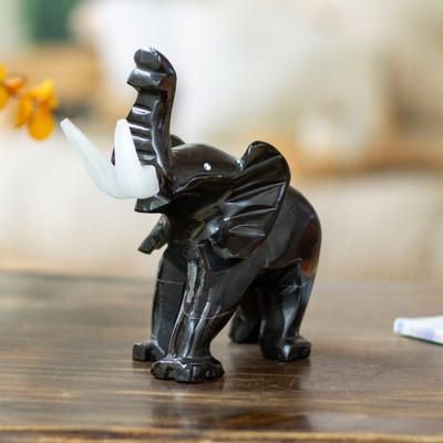 'Black Elephant-Themed Hand-Carved Marble Accent Sculpture'