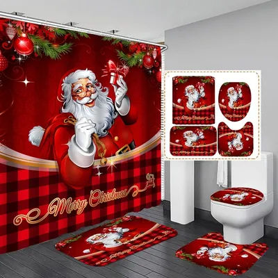Rideau de douche de salle de bain de noël, ensemble de 4 pièces, motif bonhomme de neige, père noël, imperméable, couverture de toilette, tapis antidérapant