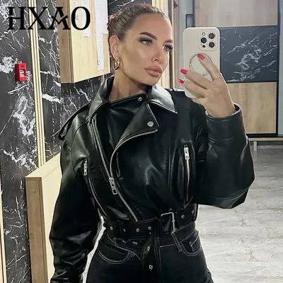 HXAO 2025 Women's Jacket Black Leather Jacket Autumn New In Coats & Jackets Cropped Zipper Long Sleeve Tops Chic Moto Outerwears