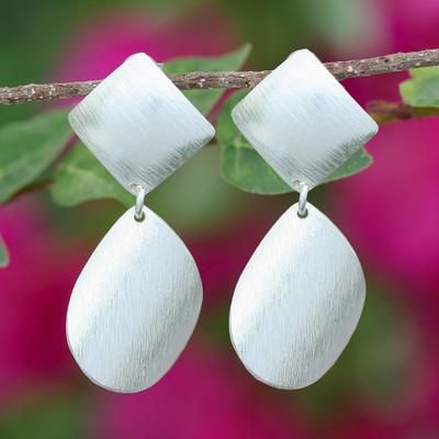 'Brushed-Satin Finished Textured Silver Dangle Earrings'