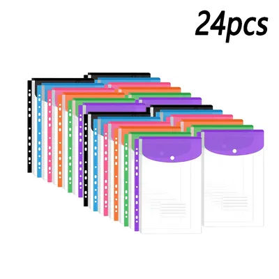 24pcs vertical file bags. Ring binder 11-hole bag with label pocket and snap closure, suitable for home office document storage
