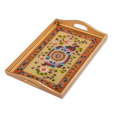 'Golden-Toned Handcrafted Floral Reverse-Painted Glass Tray'