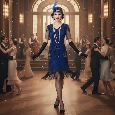 Set Anni Ruggenti Anni 1920 Lunghezza al ginocchio Abito Flapper con accessori Maniche corte Il grande Gatsby Ragazza Flapper Paillettes Frangia con nappe Scollo a V Costume Per donna Natale Capodanno