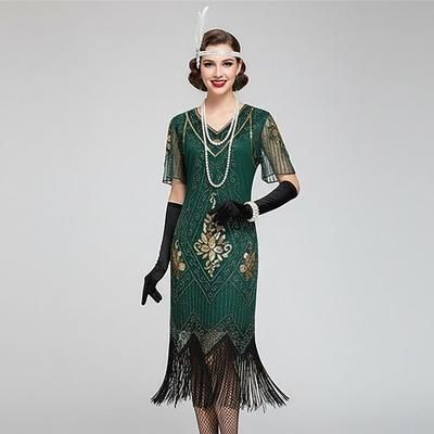 Set Anni Ruggenti Anni 1920 Abito Flapper Abito da cocktail con accessori Il grande Gatsby Ragazza Flapper Paillettes Frangia con nappe Frangia di nappa Con lustrini Costume Per donna Costume