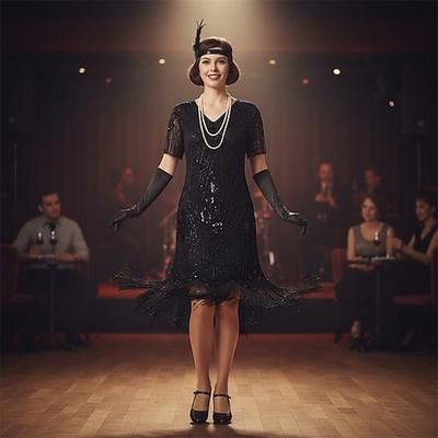 Set Anni Ruggenti Anni 1920 Lunghezza al ginocchio Abito Flapper Abito da cocktail Costume di fantasia con accessori Maniche corte Il grande Gatsby Ragazza Flapper Paillettes Frangia con nappe Scollo
