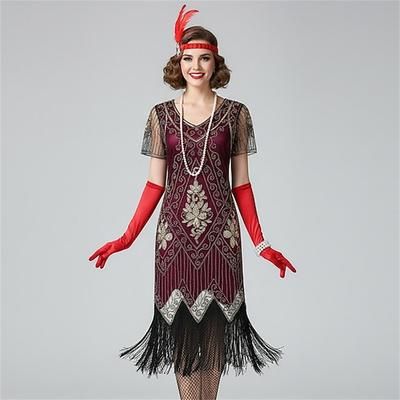 Set Anni Ruggenti Anni 1920 Abito Flapper Abito da cocktail con accessori Il grande Gatsby Ragazza Flapper Paillettes Frangia con nappe Frangia di nappa Con lustrini Costume Per donna Costume