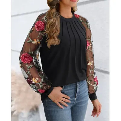 Elegant Floral Blouse] Long Sleeve Elegant Floral Print Chiffon Blouse with Lace Detail | Perfect for Spring/Summer | Floral Pri