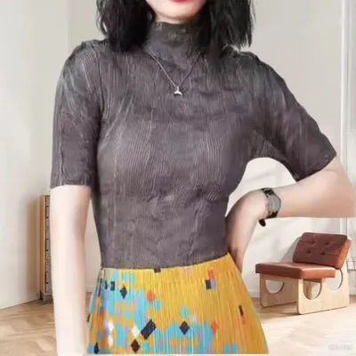 Miyake Pleated T-shirt 2025 Summer Semi-transparent New Solid Small High Neck Wicker Short-sleeved Sunwear Cool Breathable