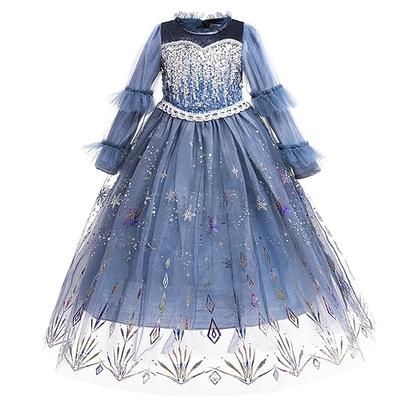 Abito da principessa Elsa di Frozen per Halloween, con paillettes floreali, per spettacoli e feste, blu, lungo, a maniche lunghe, stile principessa, dolce, autunno/inverno, vestibilità regolare, 4-12 anni