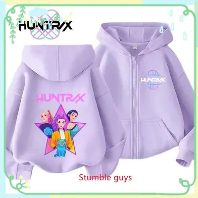 Kids Purple Kpop Demon Hunters Zip Hoodie Spring Autumn Boys Girls Clothes Anime Style Sweatshirt