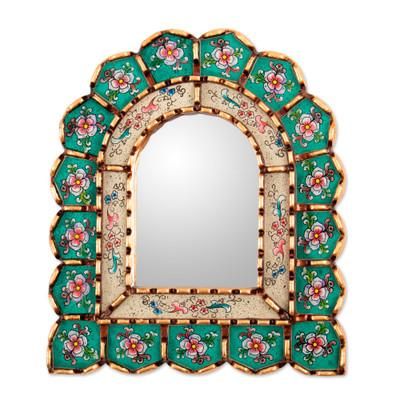 'Reverse-Painted Glass Floral Wall Mirror with Bronze Gilt'