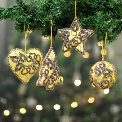 Holiday Joy,'Golden-Toned 4-Piece Hand-Beaded Christmas Ornament Set'