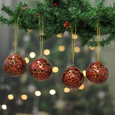 'Floral 4-Piece Crimson and Golden Papier Mache Ornament Set'