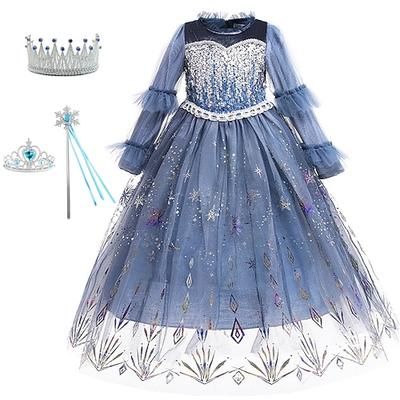 Abito da principessa Elsa di Frozen per Halloween, con paillettes floreali, per spettacoli e feste, blu, lungo, a maniche lunghe, stile principessa, dolce, autunno/inverno, vestibilità regolare, 4-12 anni