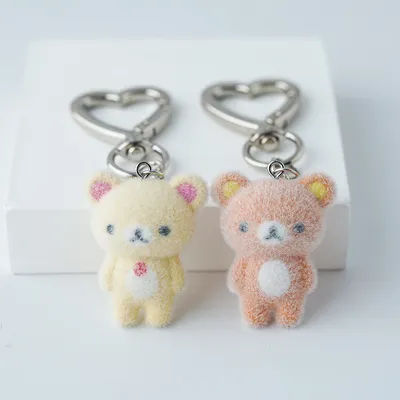 1pc 3D Cute Flocking Little bear Keychain Cartoon resin animals Charms Girl Keyring Car Bag Purse Phones Pendant Key Ring Gift