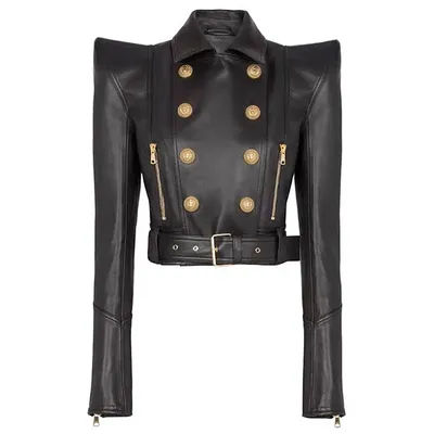 High quality 2025 designer fashion personality shrugged double breasted zipper short women's motorcycle leather jacket
