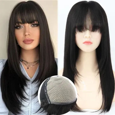 Perruque de cheveux humains européens vierges avec frange à Air, 6x6 pouces, haut en soie avec devant en PU, sans colle, doux et respirant