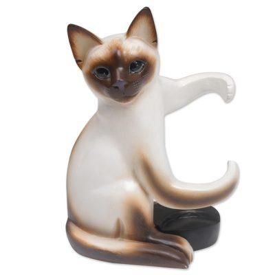 Siamese Cat Hug,'Handcrafted Wood Siamese Cat Wine Holder from Bali'