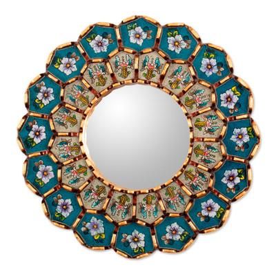 'Bronze-Gilded Reverse-Painted Glass Mirror with Floral Theme'