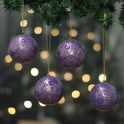 '4 Purple Golden-Hued Papier Mache Floral Christmas Ornaments'